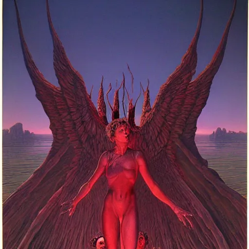 Prompt: Soul eating angels satisfy their hunger, light illumination at sunset, by Wayne Barlowe height 768