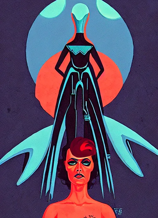 Image similar to retro dark vintage sci - fi : : 2 d matte dark gouache illustration : : dark empress of the pterodactyls