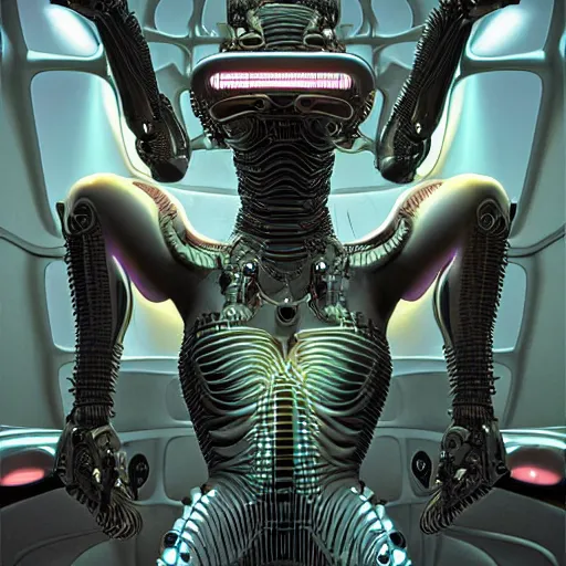 Prompt: sleek highly evolved biomechanical nubile borg queen hybrid being possessed by the machine spirit, artists mœbius and beryl cook, high contrast cinematic light, mystical shadows, sharp focus, octane render