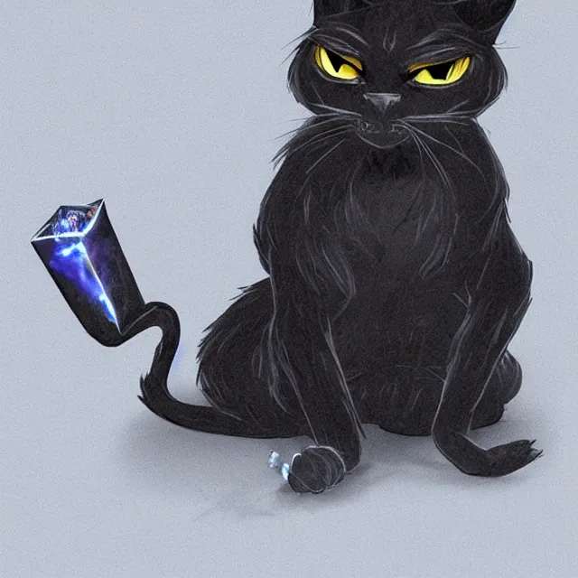 Image similar to a black cat tabaxi sorcerer holding a glowing crystal, character concept, artstation, stylized