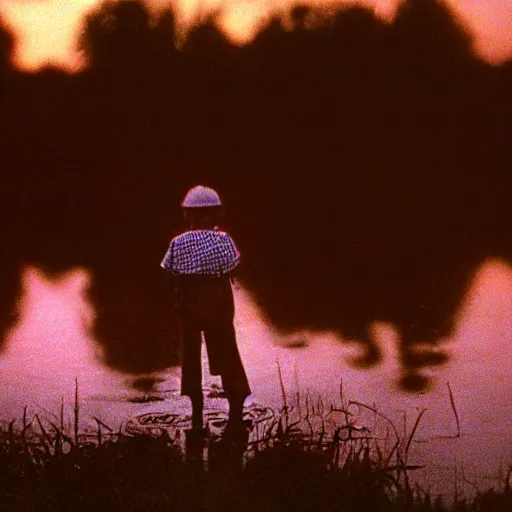 Image similar to Movie scene photography of a 10 years old boy playing in the dirty swamp, by tarkovsky, wong kar wai photography, sunset, monet pastel ambient