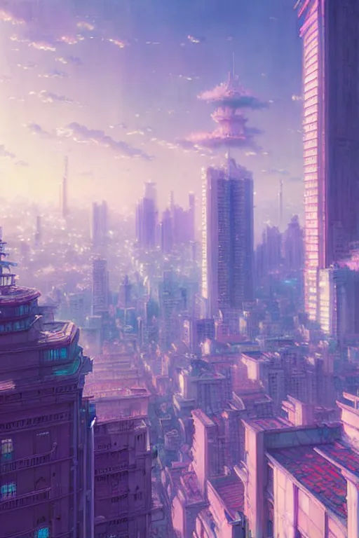 Image similar to vaporwave city, exquisite details, denoised, mid view, by artsation, greg rutkowski, makoto shinkai, takashi takeuchi, studio ghibli