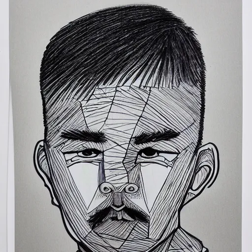 Image similar to ultra precise, asymmetric fineliner drawing of a chinese prisoner. three colour ink marker pen on rainbow spattered glossy paper. bold lines, gallery quality