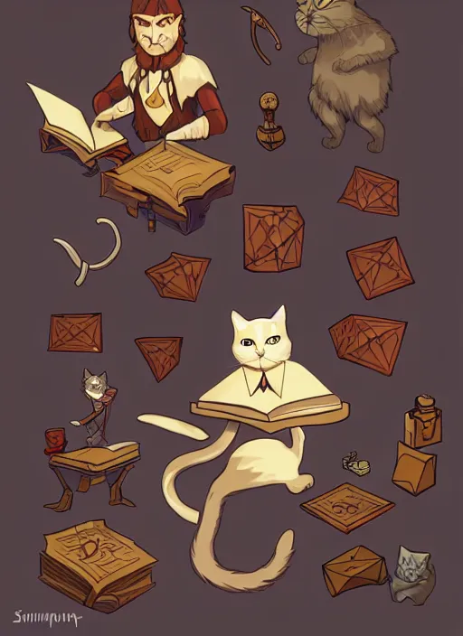 Prompt: powerful wizard cat playing dungeons and dragons, character design white background, by simon kennedy, studio muti