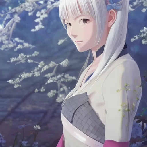 Prompt: Portrait of a japanese princess young lady, with white hair and bangs!!!! beauty artwork by Makoto Shinkai, Studio Ghibli, white hair, ayaka genshin impact, ayaka, ayaka game genshin impact, ayaka, extremely detailed, beautiful, establishing shot, artistic, shadows, high quality, unreal engine, overwatch art team