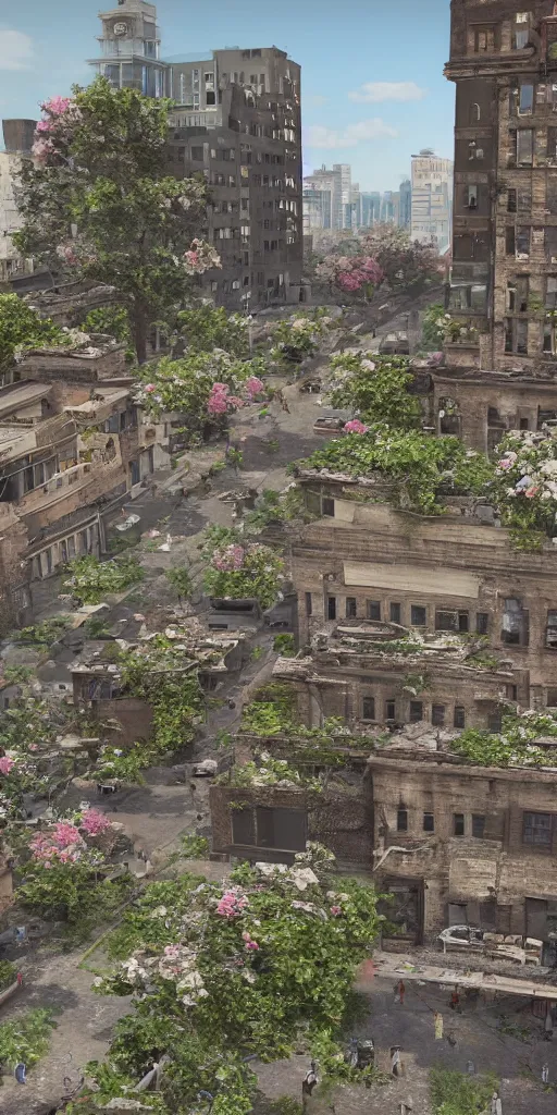Image similar to a photorealistic city scape of buildings that are old and distressed with flowers growing out of the rubble, render in unreal engine 5,
