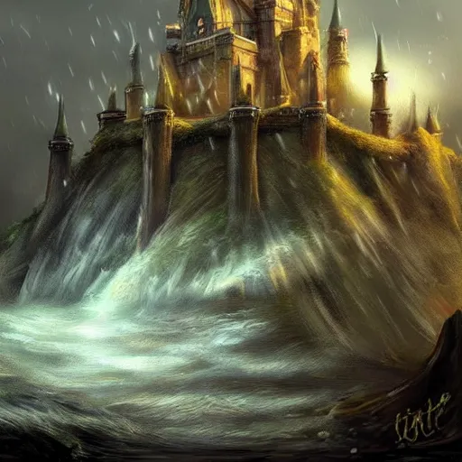 Image similar to castle, raining, celestia, eden, river, fantasy artwork, award winning, very very very very very very very beautiful scenery, artstation