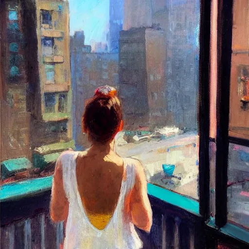 Image similar to “ back view of a girl holding a cup of coffee leaning out of a window overlooking the east village in new york city, morning light, by daniel gerhartz ”