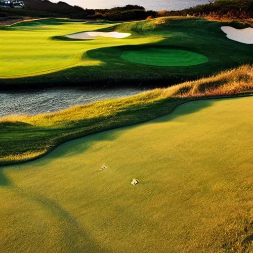 Prompt: a great photo from ground level of the most amazing golf hole in the world, cliffs by the sea, perfect green fairway, ambient light, golden hour