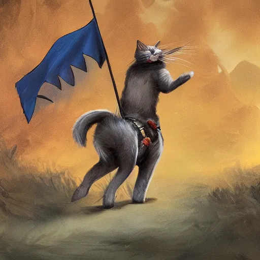 Image similar to photo of a small warrior cat carrying his battle flag while riding a large cat steed that is galloping into battle
