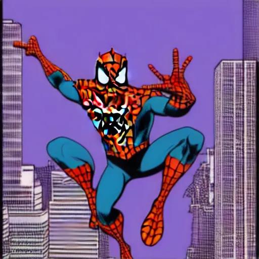 Prompt: illustration of spider man flying over the city, cartoon style Into the Spider-Verse, halftone, high detailed, wide epic angle W 1280