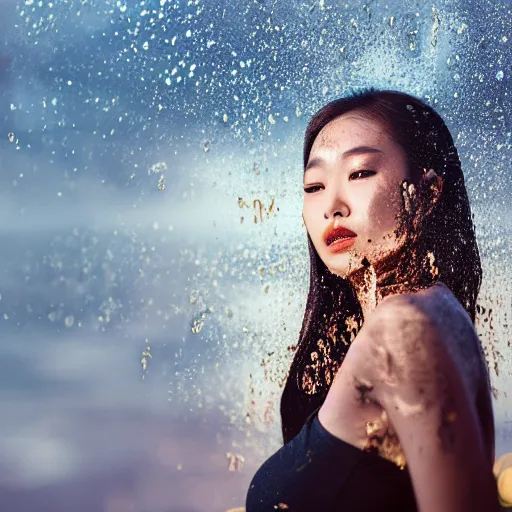 Image similar to filmstill photography of asian female body covered with wet black translucent blanket acrylic liquid colors, luxurious supermodel photoshooting, golden jewelry, bokeh, godrays, strong wind, wrinkles, sunrays, sunset, strong lens flares