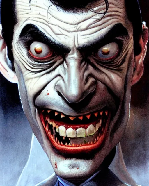 Prompt: portrait of mr bean as a vampire, gritty, dark, very detailed, hyperrealistic, very detailed painting by Glenn Fabry, by Joao Ruas