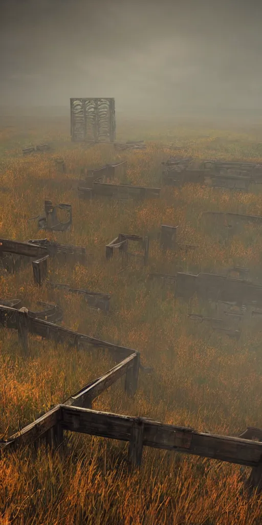 Image similar to rusty broken building constructions of a giant staircase, the ruins, in the steppe, autumn field, misty background, from the game pathologic 2, highly detailed, sharp focus, matte painting, by isaac levitan and asher brown durand,