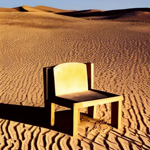 Prompt: a chair made of sand in the desert