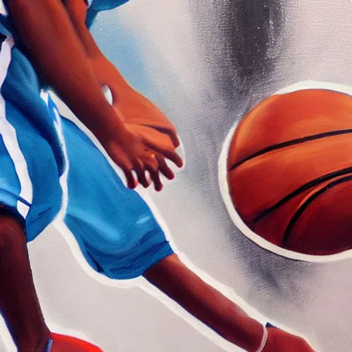 Image similar to a painting of a kid playing basketball, close up, action shot