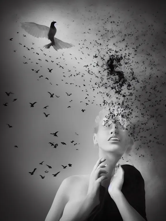 Image similar to portrait of iconic beautiful woman in sophisticated black dress keeping in hands white birds that flying apart turning to smoke and fire and dust. 35mm double-exposure photo, thick fog, daylight, deep shadows, depth of field, cinematic lightning, wide angel, eerie atmosphere, motion blur, HD, smooth and very detailed quality, masterpiece, volumetric lightning, chromatic aberration, Richard Avedon, style of Ade Santora, Tatiana Gorilovsky, cinematic composition, occult, german expressionism, masterpiece, intricate detailed, deep rich palette, wide angel shot