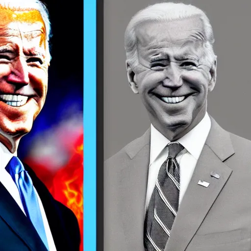 Image similar to joe biden with chiclets in the place of his teeth, his eyes have flames in them, the flames are red and menacing, photorealistic, 5 0 mm,