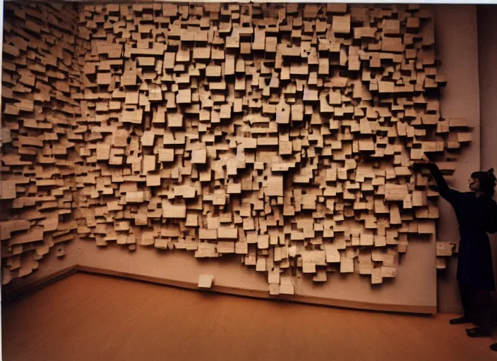 Prompt: realistic photo museum artifact human computer, made of wooden fragments levitating in the living room wooden walls 1 9 9 0, life magazine reportage photo