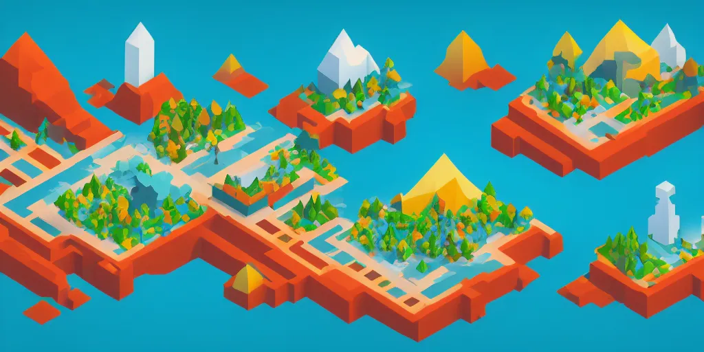 Image similar to an isometric colorful videogame world, epic mountains, duotone, azure ocean in the background, blocks