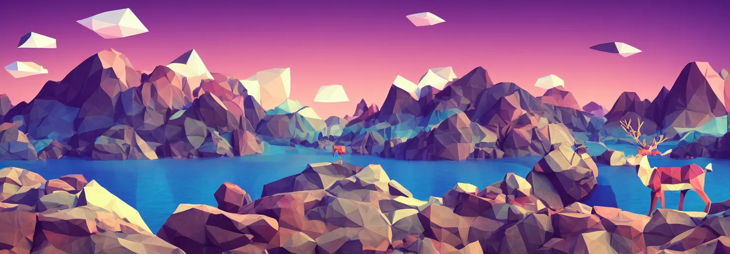 Image similar to super detailed color lowpoly art, northern sunset with rocks on front, lake in the middle of perspective and mountains at background, graphic reindeers in random points, unreal engine, retrowave color palette, 3d render, lowpoly, colorful, digital art