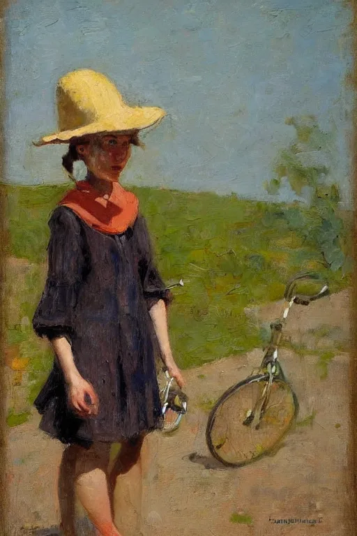 Image similar to girl with summerhat, standing next to bicycle, joseph todorovitch