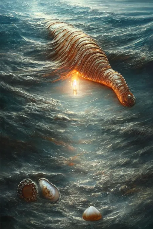 Image similar to breathtaking detailed soft painting of a plank in the sea with electrical seashells and black seahorses, ultramarine skies and burning strand, elegant, highly detailed, artstation, concept art, matte, sharp focus, art by tom bagshaw, and greg rutkowski