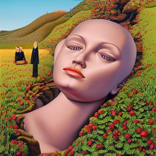 Prompt: hyperrealstic surrealism landscape, giant mannequin head ruins by alex gross