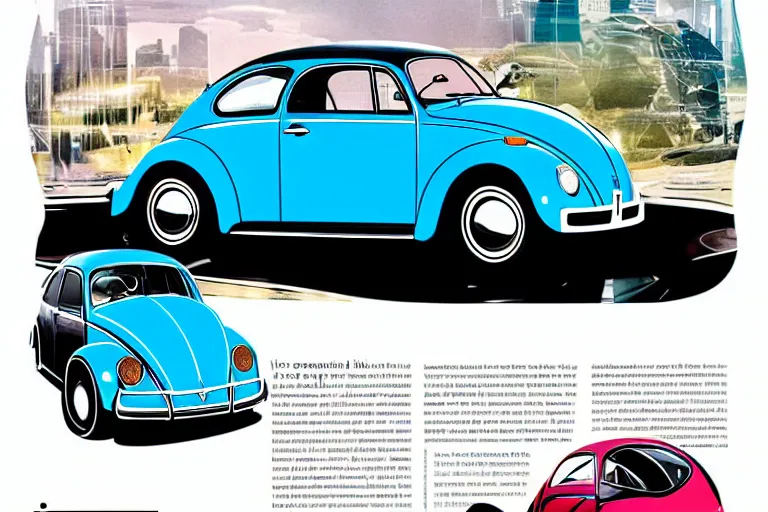 Prompt: Futuristic sinthwave magazine advertisement of the new Volkswagen Beetle with gullwing doors, retro futuristic illustration, hyper realistic, award winning advertising photo