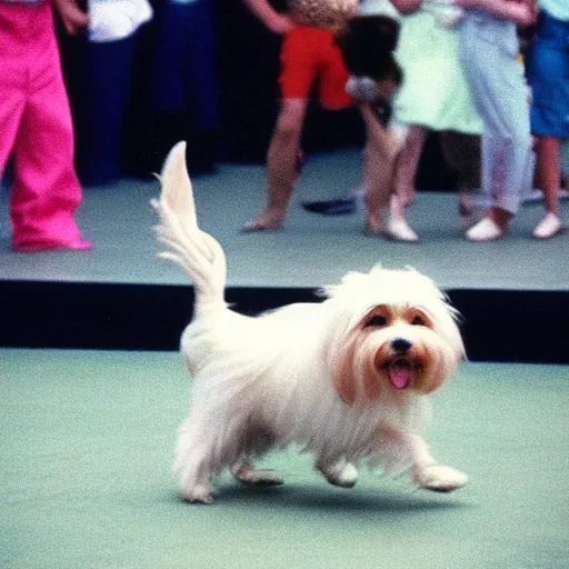 Image similar to “a cream-colored havanese dog in a break dancing contest, 1988, Los Angeles, Kodachrome, 10 mm, photo”