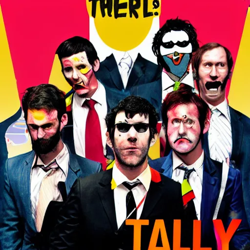 Prompt: tally hall, the band in suits with colorful ties, on a horror movie poster