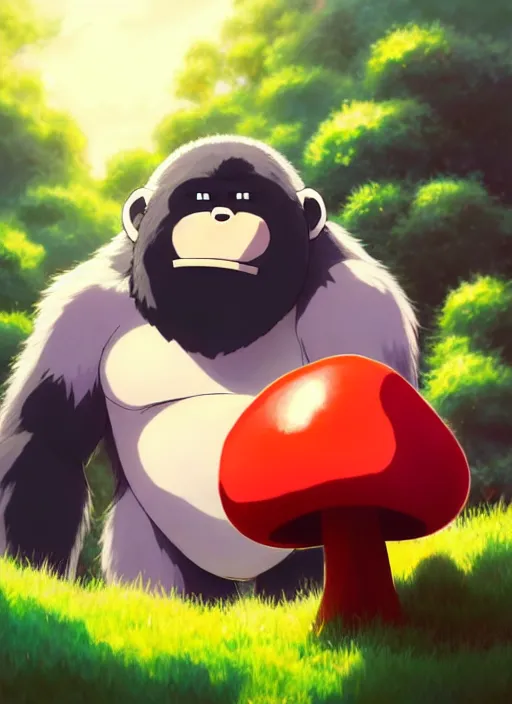 Prompt: wholesome cartoon anime gorilla holding a very small red mushroom, big smile on face, sunny sky background, lush landscape, illustration concept art anime key visual trending pixiv fanbox by wlop and greg rutkowski and makoto shinkai and studio ghibli and kyoto animation, symmetrical facial features,