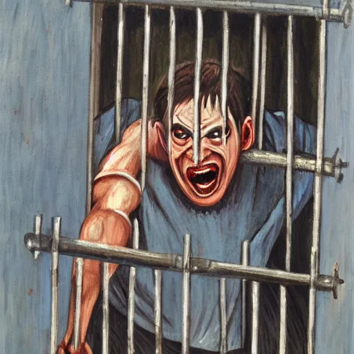 Image similar to a screaming prisoner holding prison bars, realism old painting