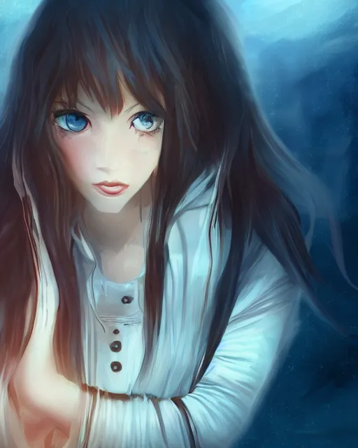 Image similar to a teenage girl on a haunted ship, full shot, anime, digital art, captures emotion and movement, ambient lighting, perfect composition, dynamic lighting, detailed face, very extremely detailed blue eyes, smooth shading