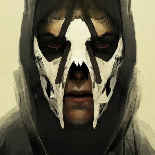 Image similar to portrait of a character wearing a black cloak, with a white mask in the shape of a deer skull, no antlers, dramatic lighting, illustration by Greg rutkowski, yoji shinkawa, 4k, digital art, concept art, trending on artstation