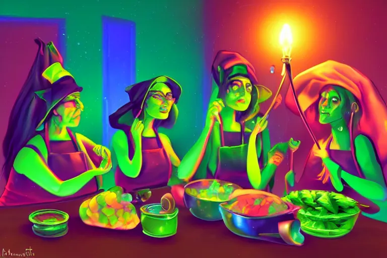 Prompt: digital painting of kitchen witches making cannabis candy high detail artstation cinematic lighting colorful psychedelic