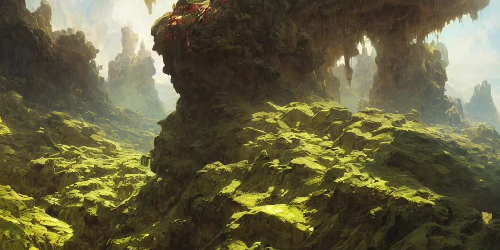 Image similar to huge cave ceiling clouds made of green earth towns, industry, steampunk villages castles, buildings inverted upsidedown mountain artstation illustration sharp focus sunlit vista painted by ruan jia raymond swanland lawrence alma tadema zdzislaw beksinski norman rockwell tom lovell alex malveda greg staples