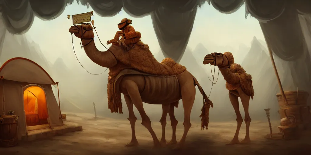 Image similar to a camel - like anthropomorphic merchant trader in a tent, matte oil painting, retrofuturistic, concept art, science fantasy, mutant, lgbt, queer, rpg, epic, rusted, white salt, badlands, jungles, dungeons & dragons, sacred, sharp focus, award - winning, extremely detailed, 4 k, 8 k