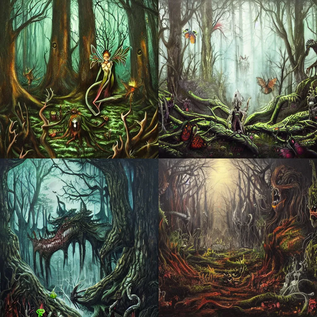 Prompt: an ultra realistic very complex high detailed horror fairy dark forest with creepy monster and creatures, oil painting