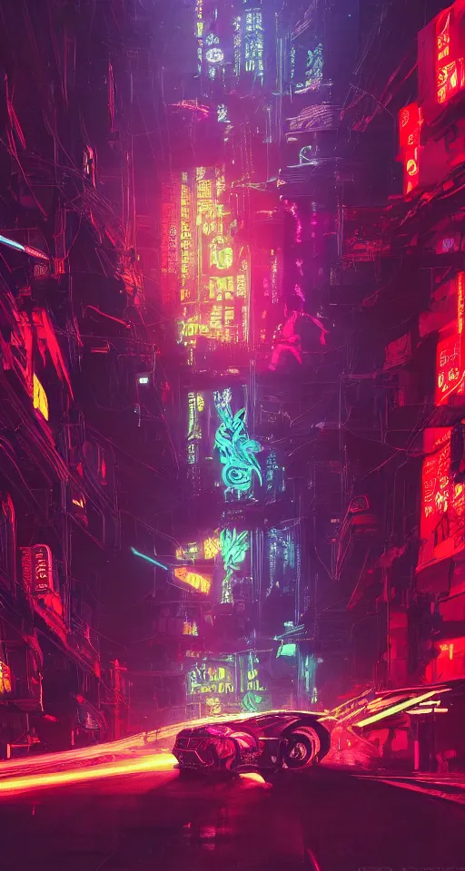 Image similar to a detailed matte painting of a neon cat under a black light with red led eyes, the cat is in a intricately detailed neo neon cyberpunk Japanese city, the angel of death with a halo, colorful background not limited to children, by Ismail Inceoglu , concept art, featured on cgsociety