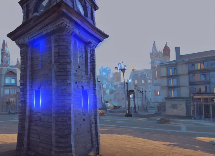 Image similar to a clock tower with a blue light on top of it, concept art by senior environment artist, polycount contest winner, new sculpture, concept art, sketchfab, 2 d game art