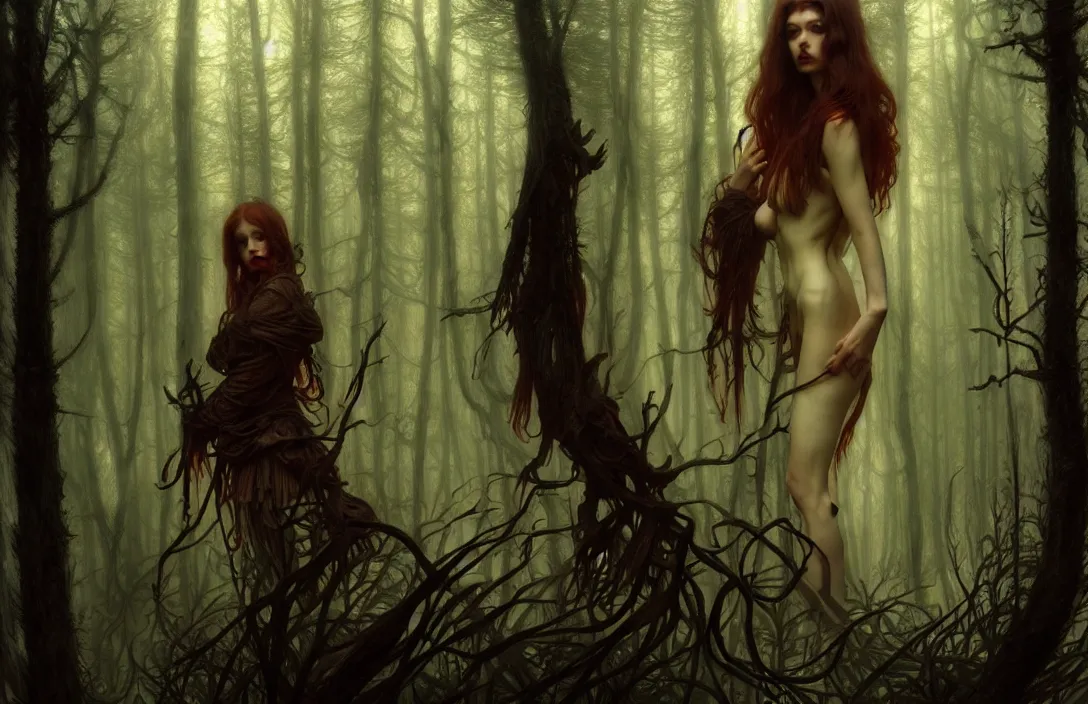 Prompt: inside a dark horror forest, heroic lighting, folklore, intricate, elegant, highly detailed, lifelike, photorealistic, digital painting, artstation, illustration, concept art, smooth, sharp focus, art by John Collier and Albert Aublet and Krenz Cushart and Artem Demura and Alphonse Mucha