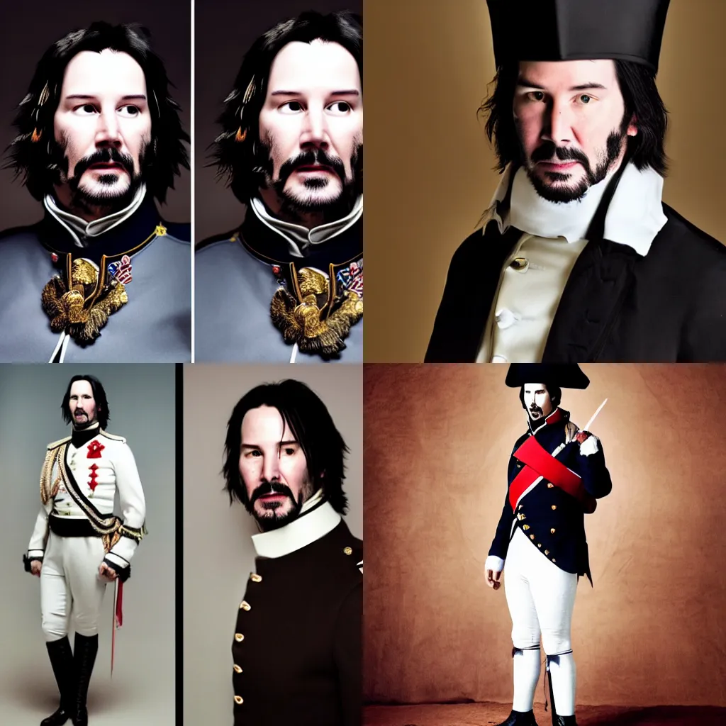 Prompt: A Majestic Portrait of Keanu Reeves, dressed as Napoleon Bonaparte, DSLR Photograph