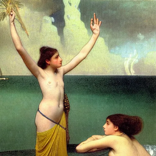 Image similar to Girl throwing gand signs at the palace, thunderstorm, pool, beach and palm trees on the background major arcana sky, by paul delaroche, alphonse mucha and arnold böcklin arnold böcklin hyperrealistic 8k, very detailed