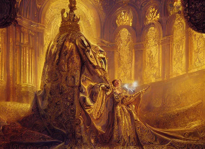 Image similar to worship of the pope, royal robe, gold trim, mysticism, close - up, light effect, hyper detailed, intricate, atmospheric, elegant, photorealistic by paul lehr, marco mazzoni, featured on cgsociety, rococo, whimsical, artstation