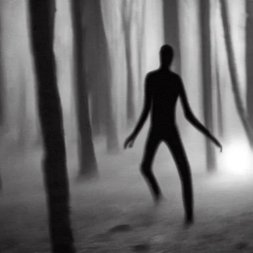 Prompt: a smudged, scratched, grainy and blurry photograph showing the whole body of a slender man dynamically and frenetically moving in a dark room. his dance is wild and unpredictable. in the creepy woods, night time, flash lights.