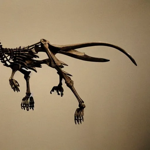 Image similar to a fossilized griffin skeleton, museum photo