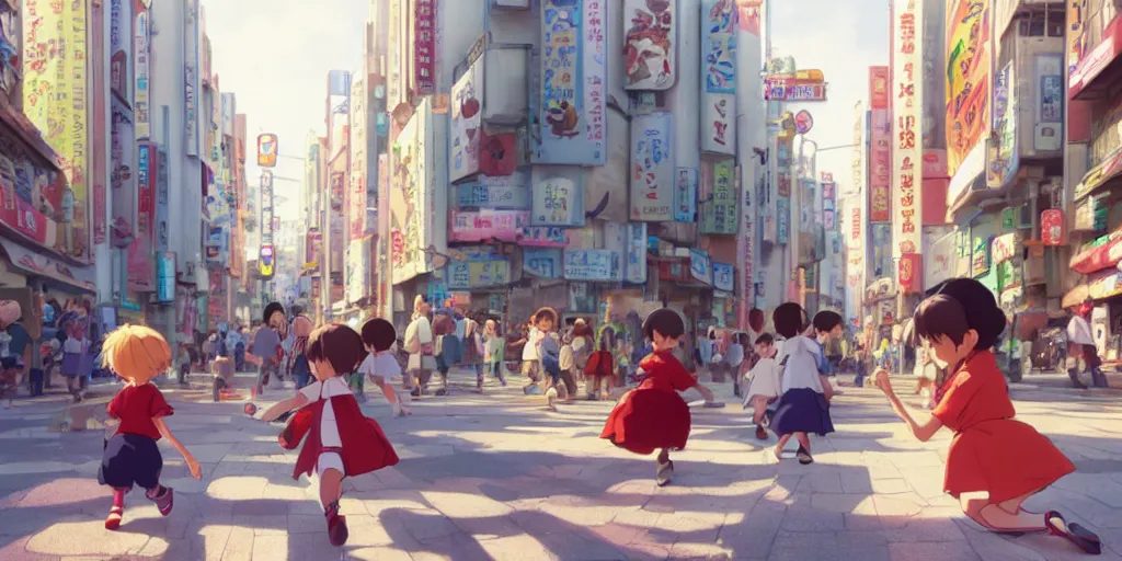 Image similar to a wholesome animation key shot of kids at Osaka city, medium shot, waist up, studio Ghibli, Pixar and Disney animation, sharp, very detailed, high resolution, Rendered in Unreal Engine 5, anime key art by Greg Rutkowski, Bloom, dramatic lighting