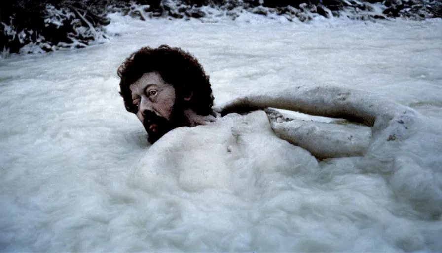 Image similar to 1 9 6 0 s movie still close up of marcus aurelius frozen to death in a river with gravel, pine forests, cinestill 8 0 0 t 3 5 mm b & w, high quality, heavy grain, high detail, texture, dramatic light, anamorphic, hyperrealistic, foggy