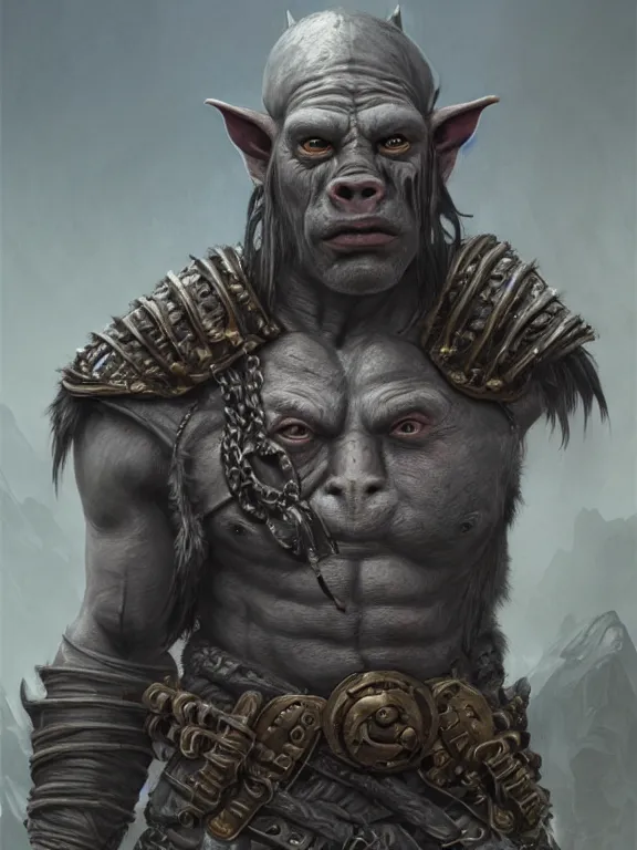 Image similar to portrait of a grey orc, looking at camera, d & d, savage warrior, leather attire, aztec hair, pig noses, intricate, fantasy, extremely detailed, digital painting, artstation, concept art, smooth, sharp focus, illustration, ambient lighting, art by artgerm and greg rutkowski and alphonse mucha and simon stalenhag